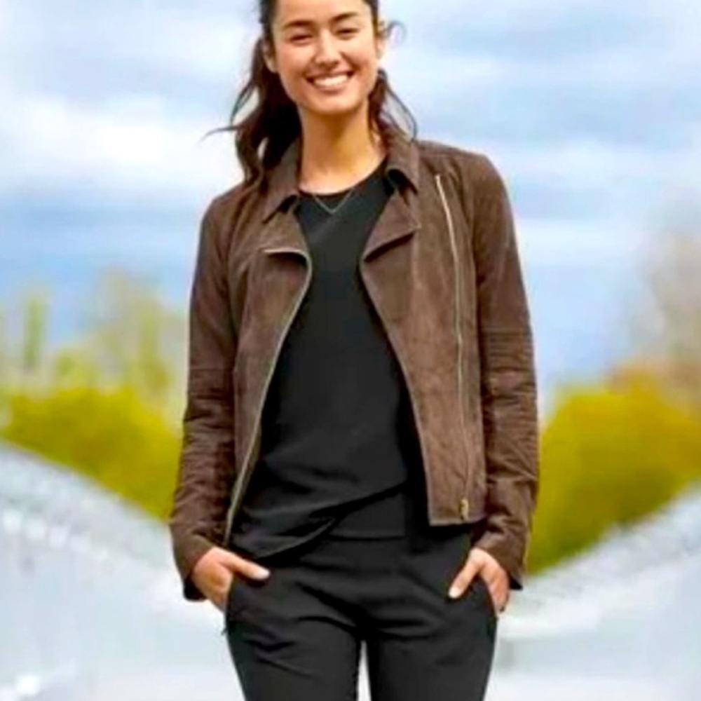 Like New Athleta Helena Suede Moto Jacket Dark Taupe size medium - Picture 1 of 12